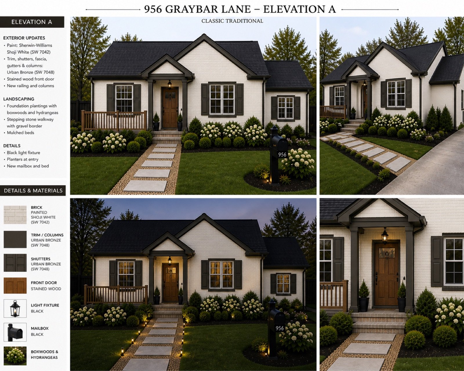 Elevation board — classic traditional brick exterior in Shoji White with Urban Bronze trim