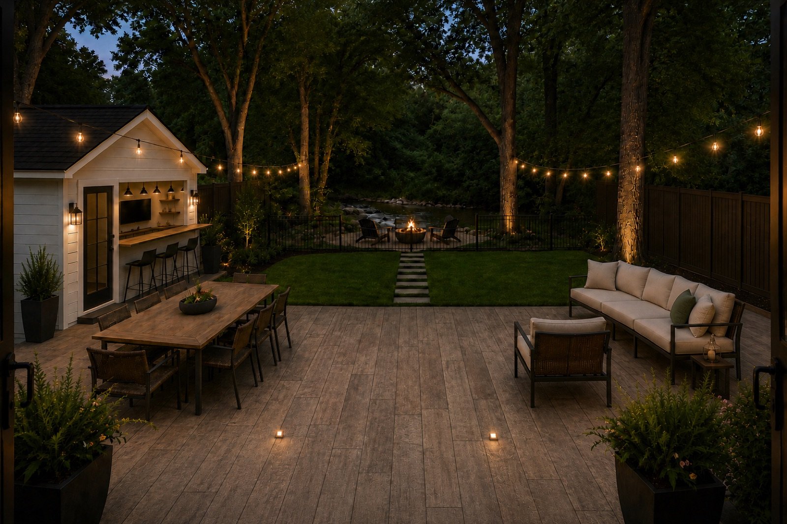 Evening view of the finished creekfront deck, outdoor bar cabana, and fire pit by the creek