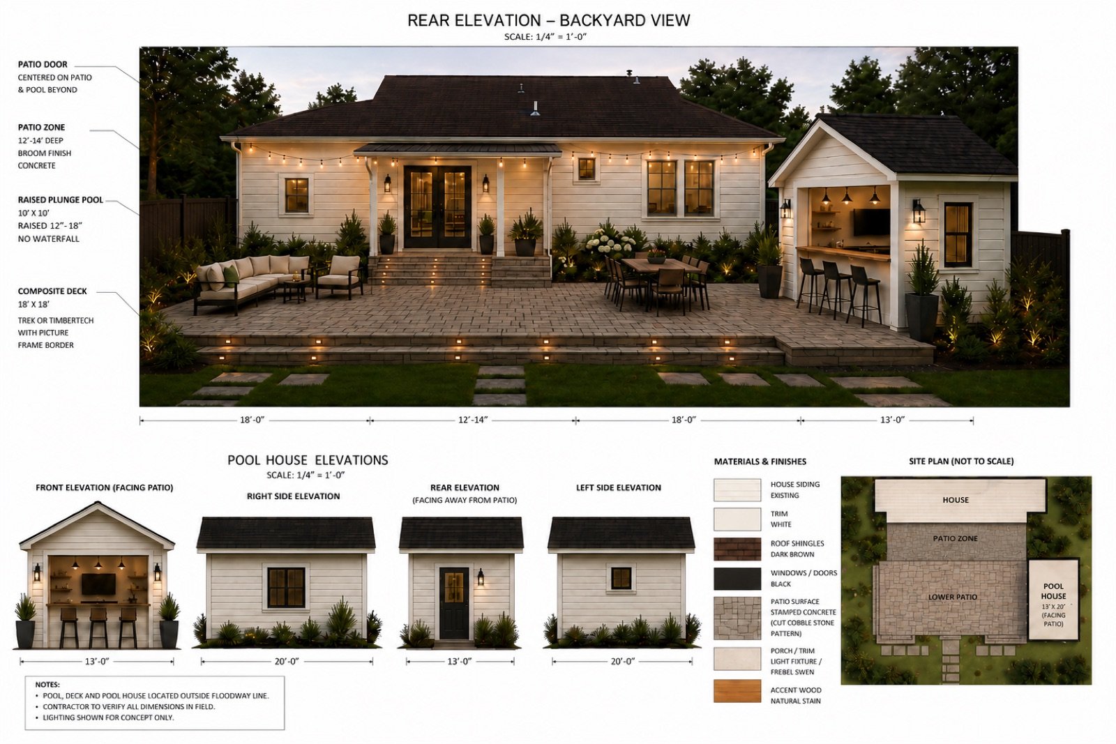 Rear elevation rendering — backyard view with patio zone, plunge pool, composite deck, and pool house elevations