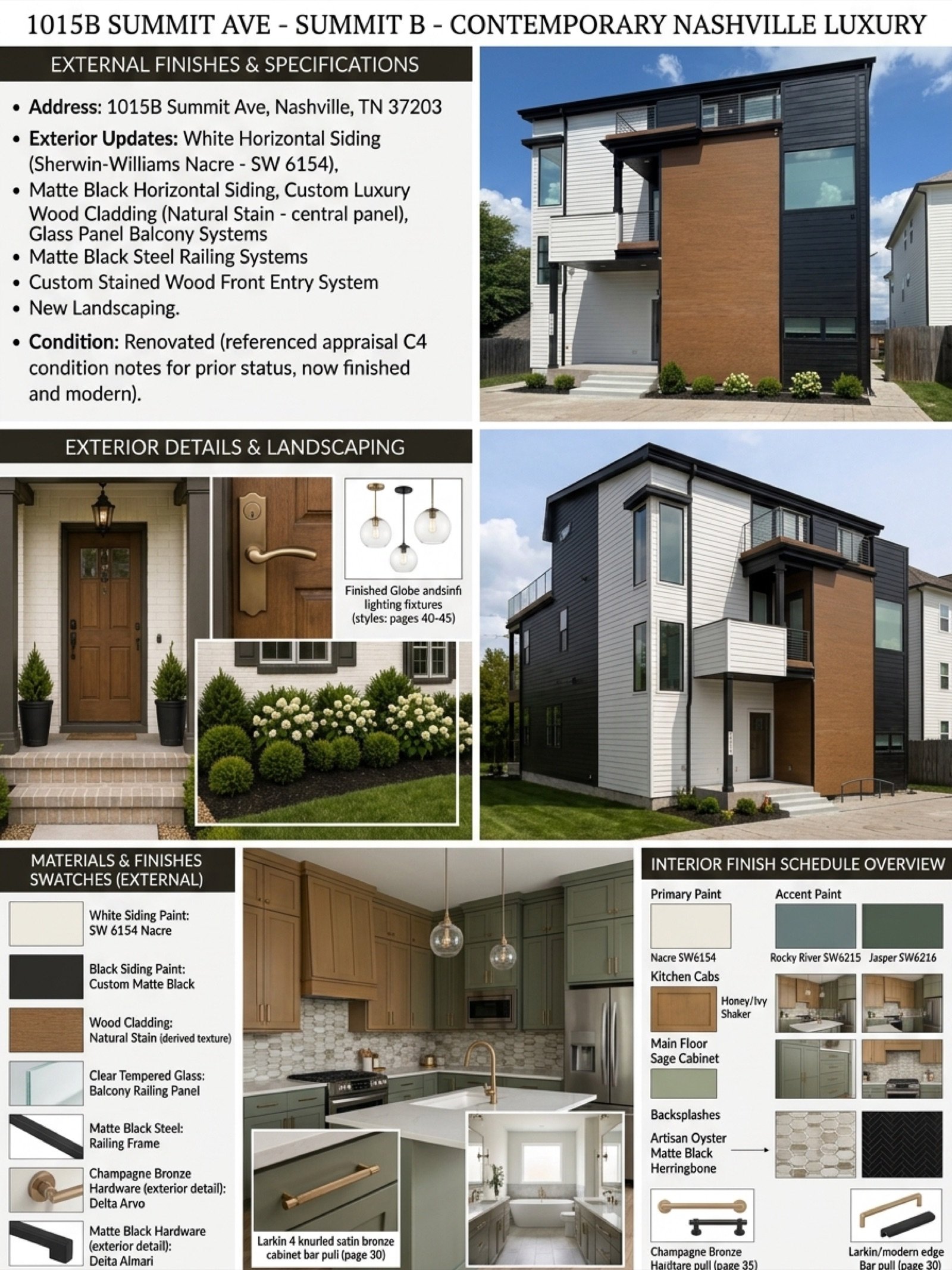 Specification board — contemporary three-story residence with white and matte black siding, wood cladding, and interior finish schedule