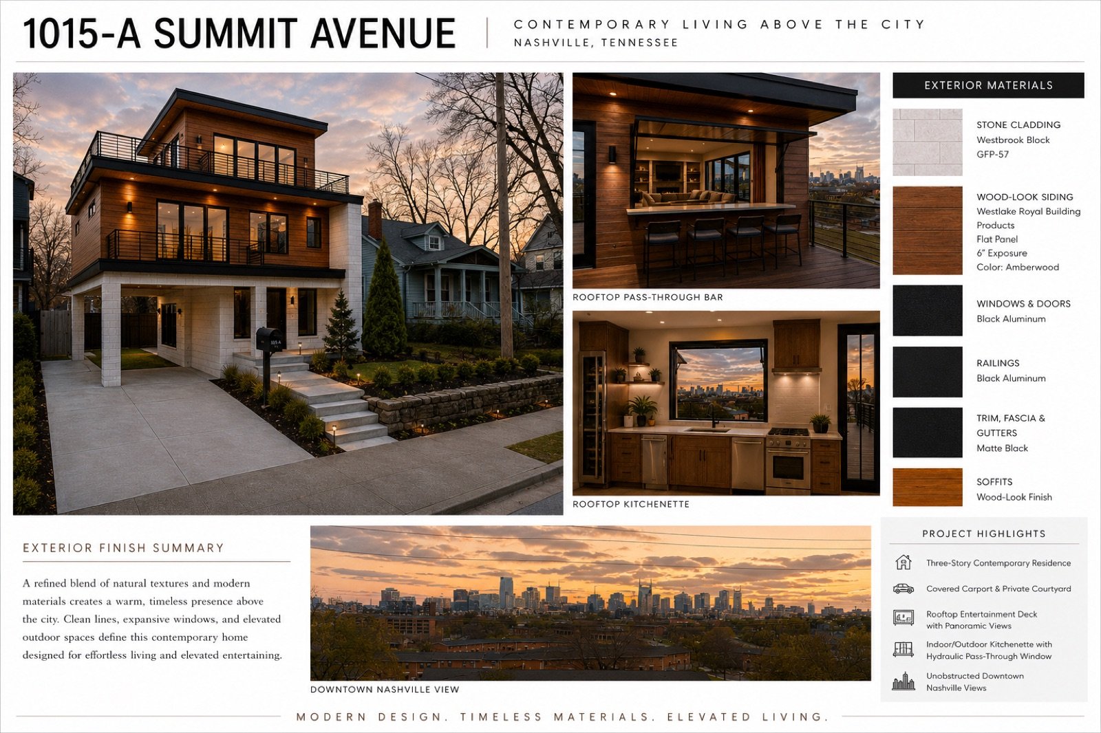 Project board — three-story contemporary infill with wood cladding, black aluminum windows, rooftop pass-through bar, and downtown skyline views