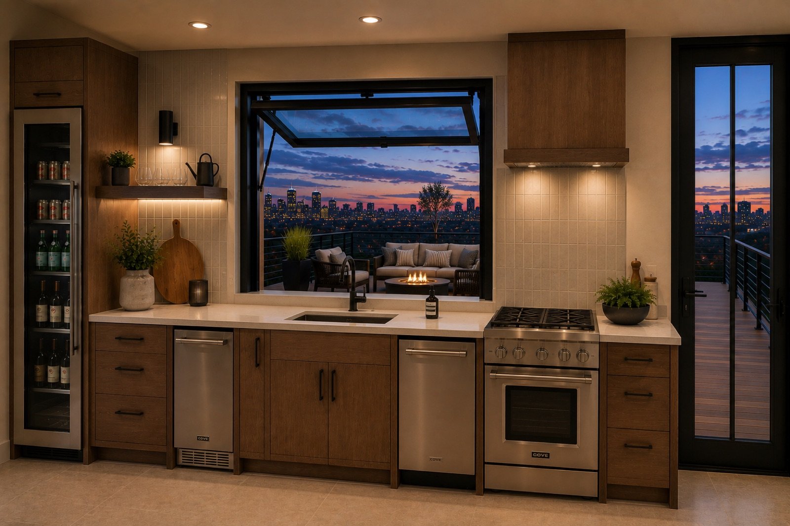 Rendered rooftop kitchenette with hydraulic pass-through window opening to a skyline-view terrace
